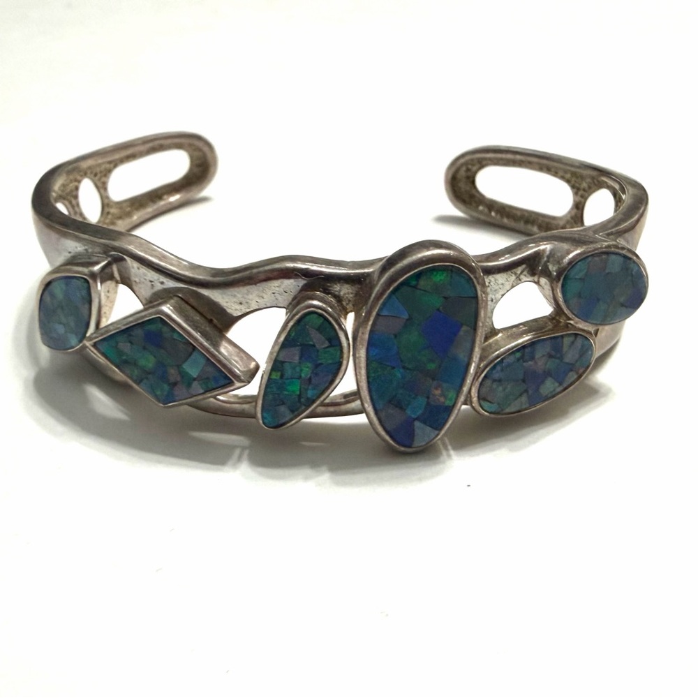 Sterling Silver Mosaic Blue Opal Cuff Bracelet - Picture 2 of 3